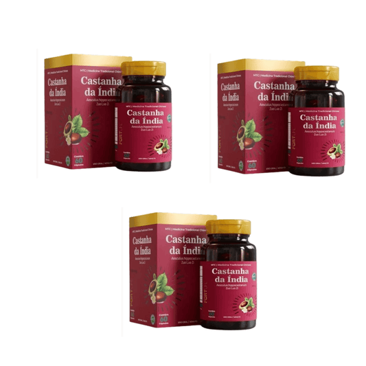 Kit C3 Castanha da Índia 500mg 60 Cápsulas Fortlife com 3 frascos, total de 180 cápsulas.
